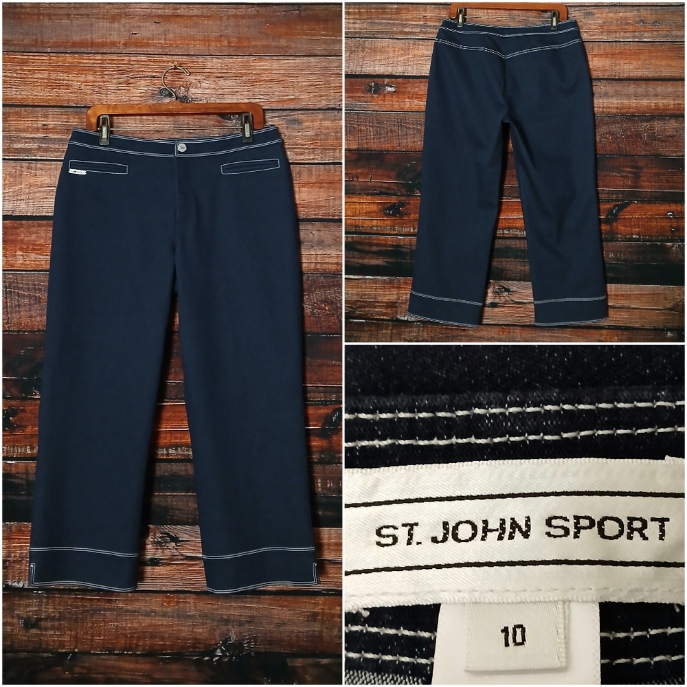St John Sport Pants 10 Crop Capri Dark Blue Retro Seams